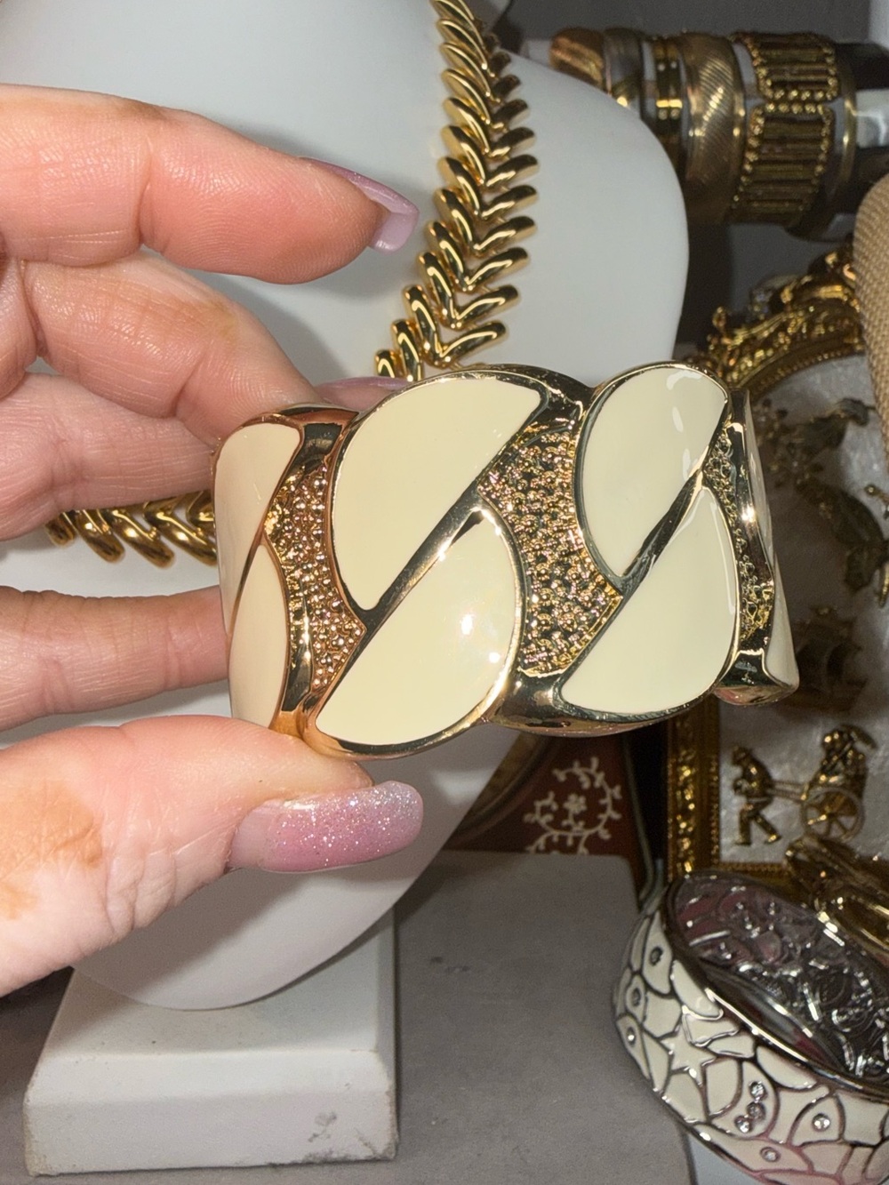 Gold-Tone Cream Enamel Statement Cuff Bracelet